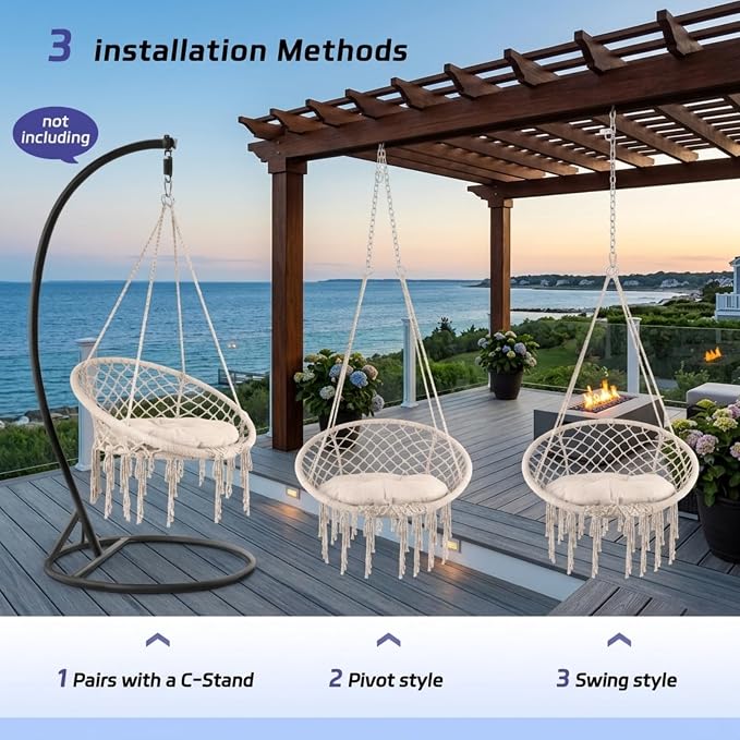 Cotton Woven Hammock Chair, 600 LBS Light Beige Handmade Macrame Hammock Without Stand, Indoor Outdoor Hammock for Patio Bedroom Garden Reading Decor