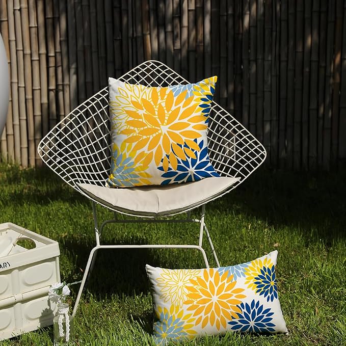 DFXSZ Outdoor Waterproof Pillow Covers 12x20 Set of 2 Yellow Blue Flower | Spring Summer Waterproof Flower Throw Pillowcases（No Inserts）Outdoor Decor for Patio Funiture Garden Polyester Covers