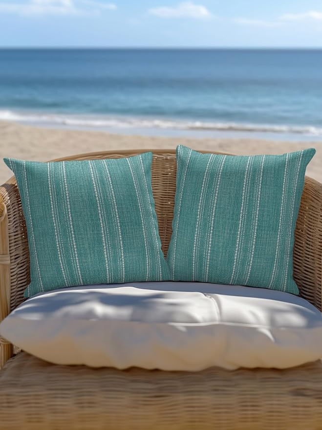 Waterproof Outdoor Pillow 1 Pack Teal Linen Stripes Decorative Throw Pillows Cover & Insert 16x16 Inch Pillowcase Parallel Vertical Lines Pillows for Couch Sofa Bed Patio Furniture Indoor Outdoor