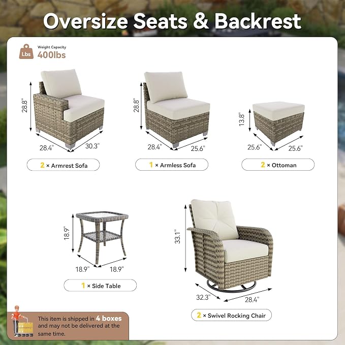 LazySunsets Luxury Patio Furniture Set，All-Weather Patio Sectional Sofas with Thickened Cushions, 8 Piece Outdoor Furniture Sectional Set with Swivel Rocker Chairs of 2，Beige