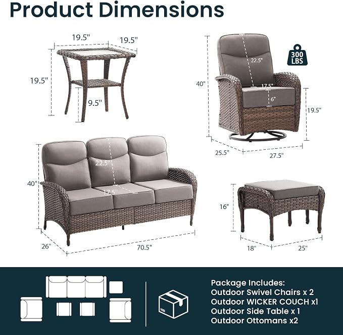 High Back Luxury Patio Furniture Set with 6-inch Thick Cushion, Swivel Rocker Patio Chairs with Outdoor Couch, 6 Piece Wicker Conversation Set for Deck Yard Garden Balcony Gray Cushion