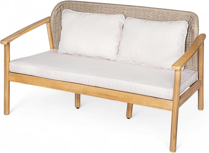 Merax 2 Piece Outdoor Conversation Set with Acacia Wood Coffee Table and Loveseat, Woven Rope Backrest Patio Seating Group, Patio Furniture Set for Porch, Garden, Backyard, Balcony, Light Teak Finish