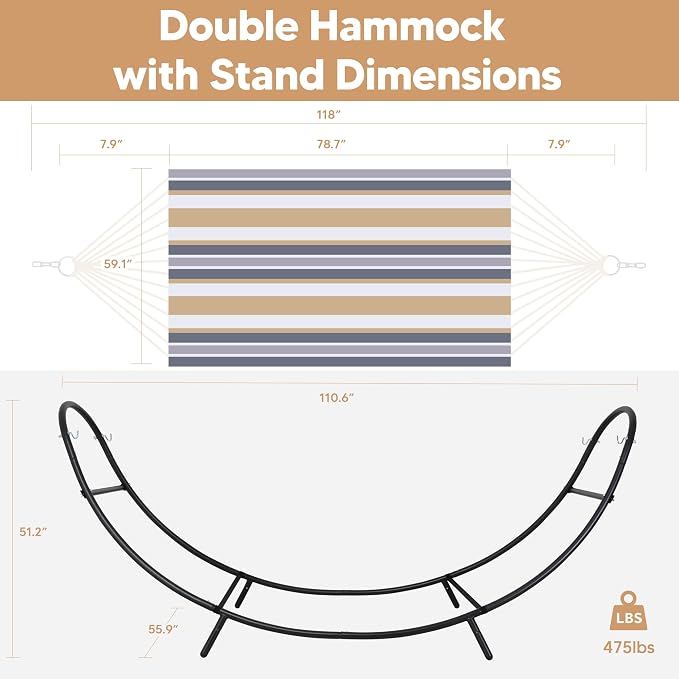 SUNCREAT Hammocks for Outside with Stand, Porch Hammock and Stand, 475 lbs Capacity, Patent Pending, Coffee