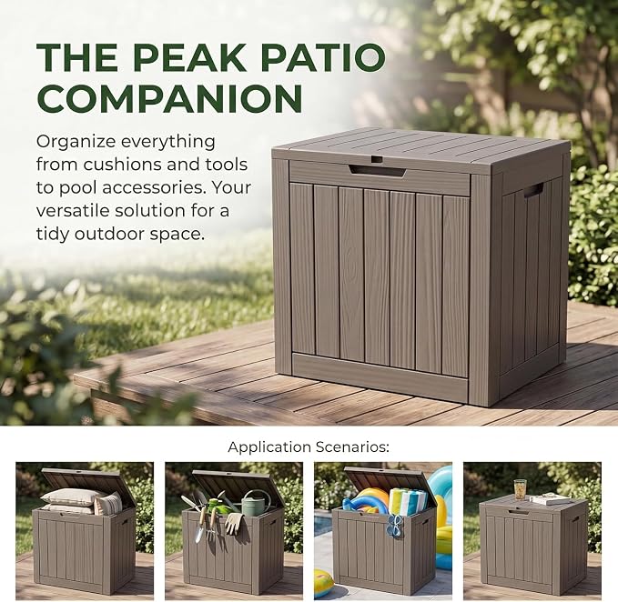 35 Gallon Deck Box Outdoor Waterproof, Resin Storage Box Outdoor Lockable, Multipurpose Outside Container for Patio Cushions, Garden Tools & Package Drop, UV & Fade Resistant Gray Brown