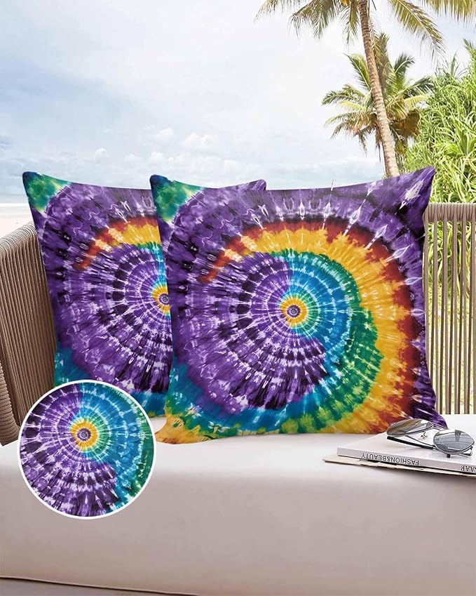 Vandarllin Outdoor Throw Pillows Covers 16x16 inch Set of 2 Waterproof Purple Tie-Dye Art Decorative Zippered Cushion Covers for Patio Furniture, Abstract Boho Tribe Lumbar Pillowcases