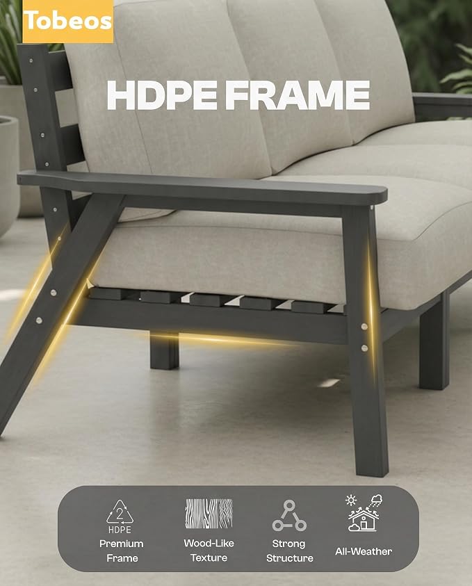 HDPE 5 Piece Patio Furniture Set, Outdoor Couch with Washable Thick Beige Cushions & Coffee Table, Outdoor Sectional Furniture for Backyard, Deck, Lawn, Porch (Gray Frame)