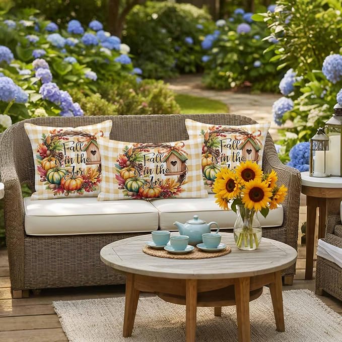Fall Pumpkin Waterproof Outdoor Pillow Covers Set of 2 Home Decor, Thanksgiving Orange Check Maple Cabin Pillowcase Patio Pillow Covers for Couch Bench Furniture Garden 26x26in