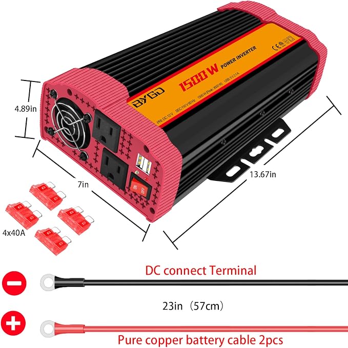 1500W Car Power Inverter DC 12V to AC 110V Car Converter Charger Adapter with Dual Outlets and 4.2A Dual USB Ports DC to AC Power Inverter for Truck Outdoor Home Camping RV Hurricane Emergency Red