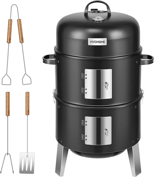 VIVOHOME 3-in-1 Vertical Charcoal Smoker, BBQ Smoker Grill with Built-in Thermometer, Air Vent, and 2 Access Doors, Idea for Parties, Backyard, Barbecues