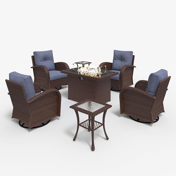 LayinSun 7 Pieces Outdoor Patio Furniture Set with Fire Pit Table, Rattan Wicker Sectional Swivel Rocker Chairs Sets