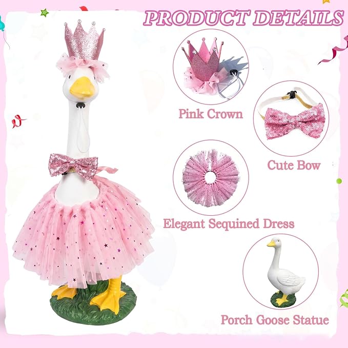 Porch Goose Statue Garden Décor - 20″ Large Porch Goose Statues with Crown Pink Skirt, Resin Animal Figurine Indoor or Outdoor Decor for Patio,Entryway Accent,Housewarming Birthday Gifts for Mom Women