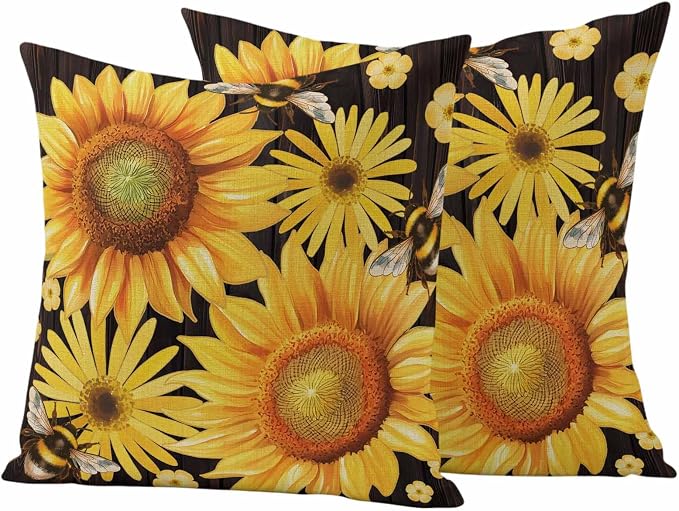 Outdoor Throw Pillow Covers,Yellow Sunflower Daisy Flower Waterproof Decorative Pillowcases Cushion Cover Spring Rustic Floral Bee Black Pillow Cases for Patio Couch Sofa Bed,18x18in Set of 2