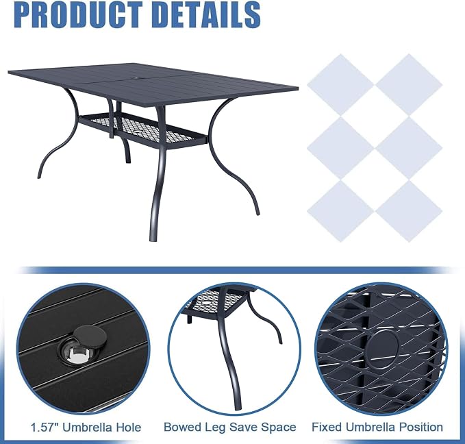Crownland 7 PCS Furniture Patio Dining Set, 6 Swivel Metal Chairs and Rectangular Outdoor Dining Table with Khaki 9FT Round Outdoor Umbrella (Metal Tabletop)