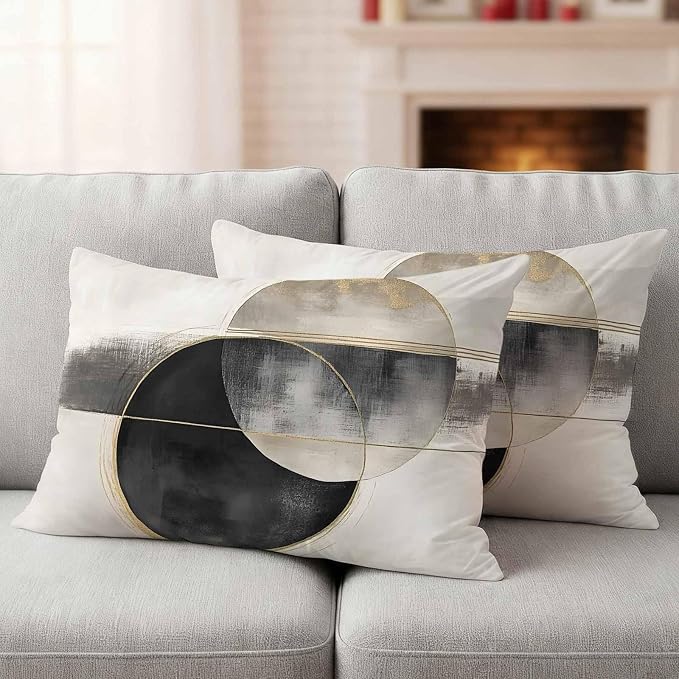 Abstract Art Outdoor Waterproof Throw Pillow Covers Set of 2, 20"x12", Mottled Geometric Moon Black Gold Circle Striped Decorative Pillow Covers Outside Cushion Case for Patio Porch Garden