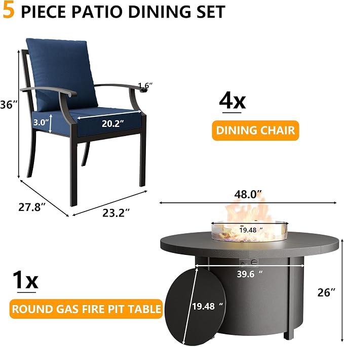Kullavik 5 Piece Metal Outdoor Patio Furniture Set with Fire Pit Table,Outdoor Dining Table Set with 4 Fixed Chairs and 55000 BTU Outdoor Round Fire Pit,Navy Blue