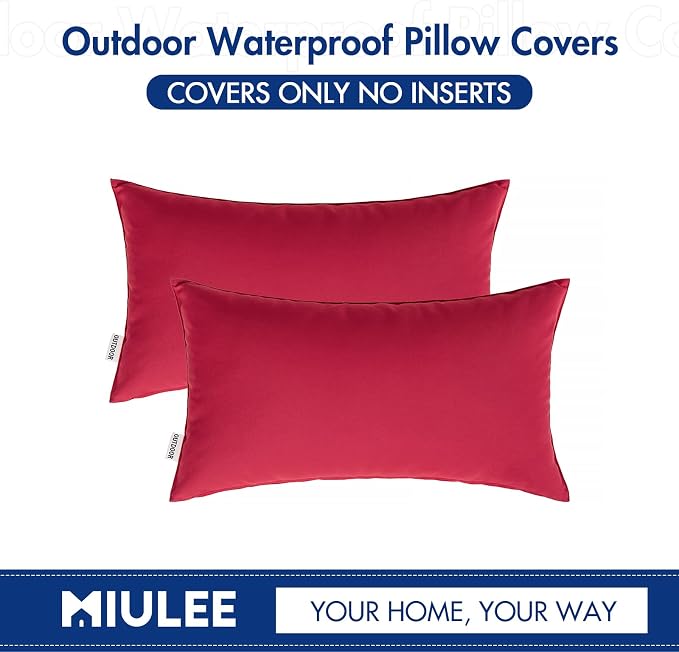 MIULEE Decorative Outdoor Waterproof Pillow Covers 12x20 Red | Decorative Patio Furniture,Pack of 2,Accent Lumbar Soild Throw Pillow Covers,Summer Garden Tent Couch Sofa