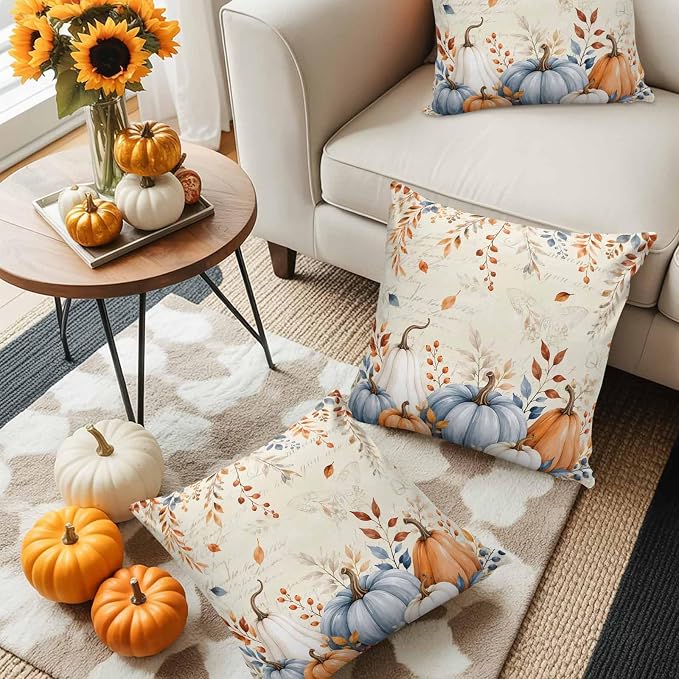 Orange Blue Pumpkins Fall Throw Pillow Covers 24x24 Inch Set of 2, Thanksgiving Waterproof Outdoor Pillow Covers, Eucalyptus Vintage Decorative Cushion Pillowcases for Couch, Sofa, Bed, Garden, Patio
