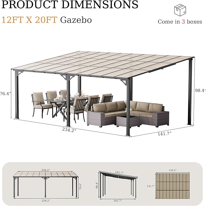 ALAULM 12'x 20' Outdoor Hardtop Pergola,Wall Mounted Lean to Gazebo with Sloped Sun Panel Roof,Galvanized Metal Frame,Sunshade for Patio, Backyard, Deck and Poolside