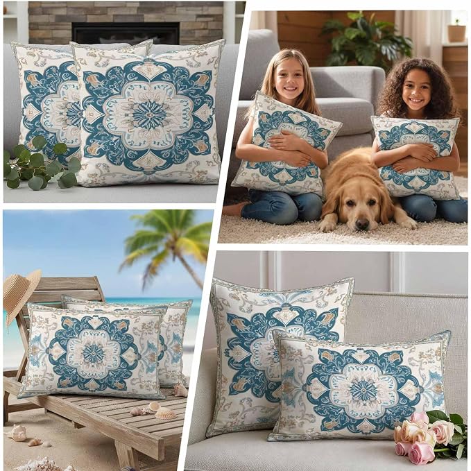 Boho Flowers Waterproof Outdoor Pillow Covers Set of 2 Home Decor, Country Neutral Chic Abstract Floral Art Pillowcase Patio Pillow Covers for Couch Bench Furniture Garden 16x16in