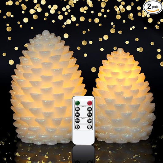 Wondise Pine Cone Flickering Flameless Candles with Remote and Timer, Battery Operated LED Real Wax Flameless Candles, for Christmas Decoration, Set of 2(Ivory)