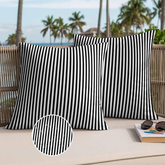 Throw Pillow Covers 24x24 Inch Set of 2, Black White Stripe Waterproof Outdoor Cushion Covers, Modern Minimalist Geometric Striped Decorative Pillowcases for Couch, Sofa, Bed, Garden, Patio