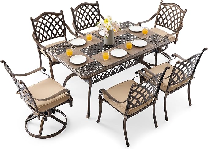 7 Piece Outdoor Dining Set Cast Aluminum Retro Patio Dining Set for 6 Includes 59” Rectangular Table 2 Swivel Chairs with Thicker Cushions and Umbrella Hole for Patio Deck Garden