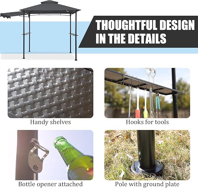 FAB BASED 5x8 Grill Gazebo with Extra Awning, All-Weather Steel Construction, Double Tiered & Resistant Canopy Roof, Metal Serving Shelves, 2 LED, Bottle Opener for Patio, Backyard, BBQ (Dark Gray)