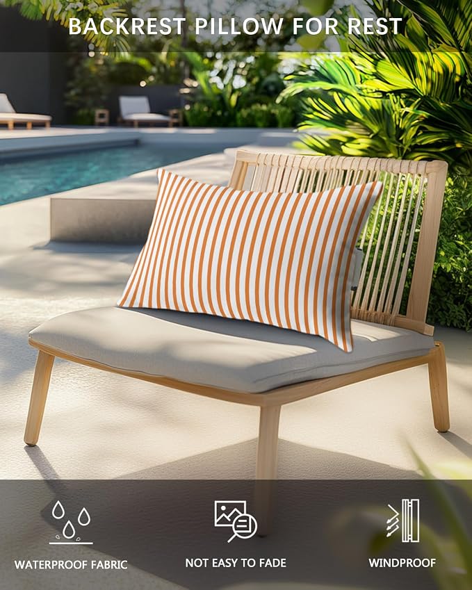 Pack of 4 Outdoor Lumbar Pillow Covers 11x16 Inch, Thin Orange Striped Waterproof Throw Pillow Covers Set, Farmhouse Modern Stripes Indoor&Outdoor Decorative Cushion Cases for Patio Porch Car