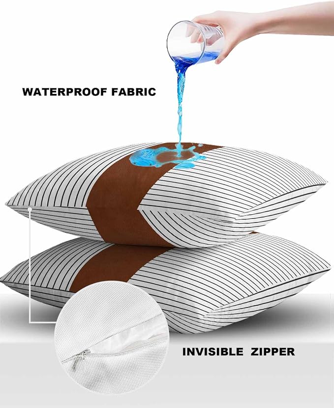 Outdoor Waterproof Throw Pillow Covers 24x24in, Boho Mid Century Cushions for Garden Patio Furniture Chairs Set of 2, Stripe and Leather Texture Home Decor Couch Sofa Polyester Pillow Cases