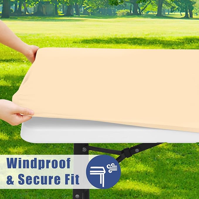Moosfor Spandex 6 Foot Rectangle Table Cloth 2 Pack, Elastic Fitted Tablecloths for Picnic, Stretch Washable Patio Table Cover for Outdoor, Camping, Banquet and Parties(Ivory, 30"x72")