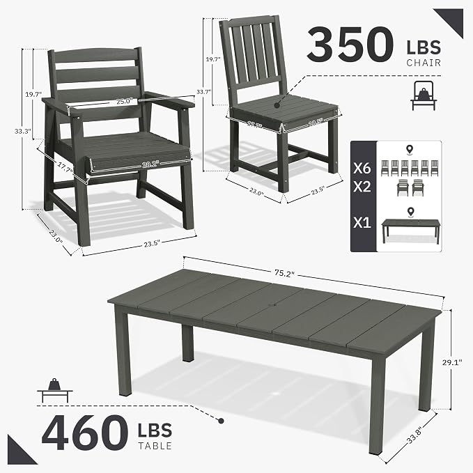 AreShark 9-Piece Outdoor Dining Set,HDPE Patio Table with 8 Chairs,All-Weather Patio Furniture Set with Umbrella Hole,Low Maintenance Wood Grain Dining Set for Backyard,Garden,Poolside,Gray