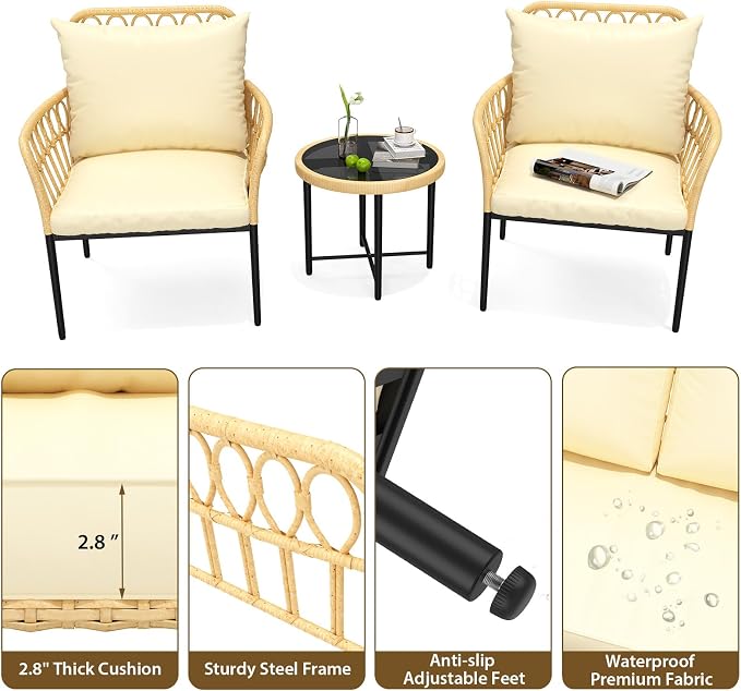 TrailBlaze All-Weather 3-Piece Outdoor Rattan Patio Sofa Set - PE Wicker Conversation Set with Glass Coffee Table, Thick Cushions, Lightweight & Space-Saving - Ideal for Balcony, Garden, Backyard