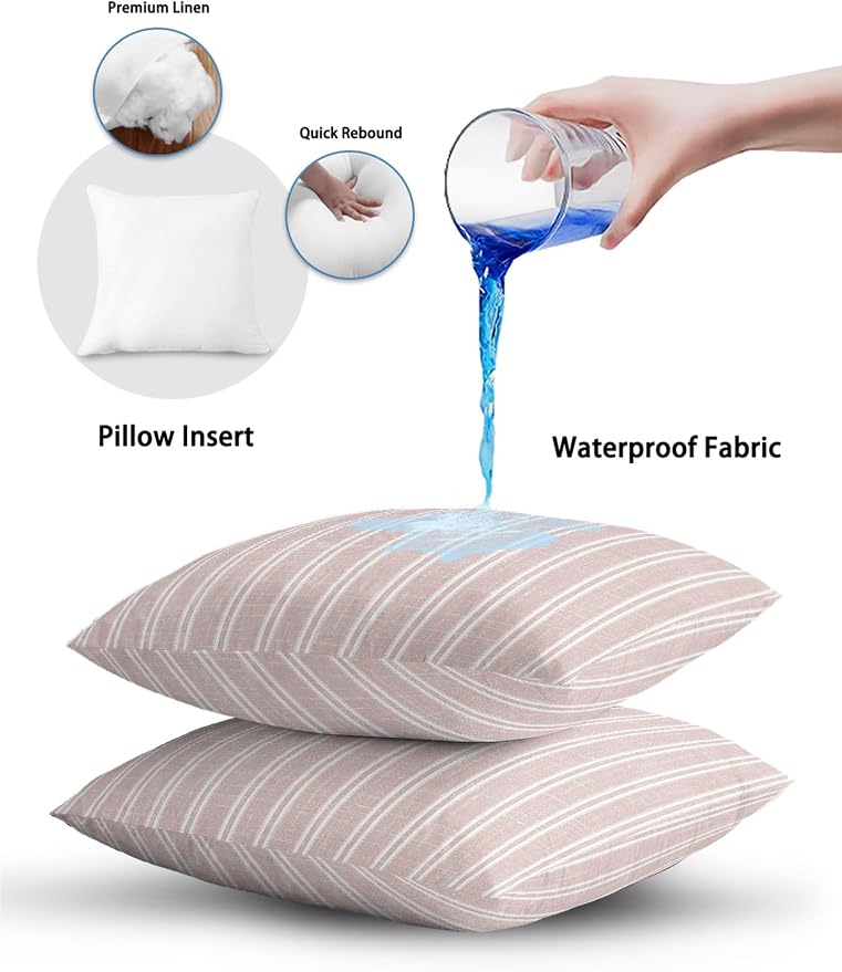 Waterproof Outdoor Pillow Set of 2 Red Linen Striped Decorative Throw Pillows Cover & Insert 16x16 Inch Pillowcase Vertical Stripes Lines Pillows for Couch Sofa Bed Patio Furniture Indoor Outdoor