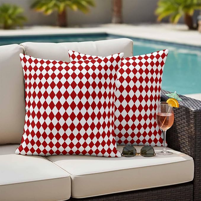 Outdoor Throw Pillow Cover Modern Red White Diamonds Plaid Waterproof Cushion Covers 2 Pack Minimalist Geometric Style Pillow Cases Home Decoration for Patio Garden Couch Sofa