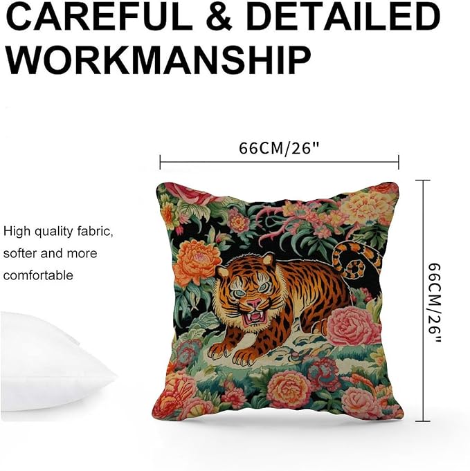 Chinoiserie Tiger Outdoor Throw Pillow Covers Green and Turquoise Black Tiger Stripe Waterproof Throw Pillowcase 26x26 in Modern Accent Pillows for Patio Furniture Garden
