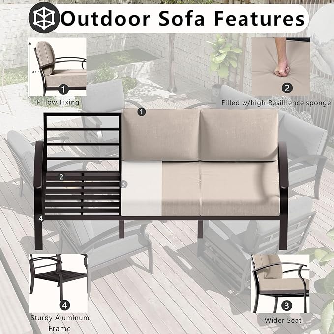 Aluminum Patio Furniture Set with Fire Pit Table, 7 Seats Outdoor Patio Conversation Sets with Swivel Chair Modern Metal Sectional Sofa with Upgrade Cushions for Patio, Backyard - Sand