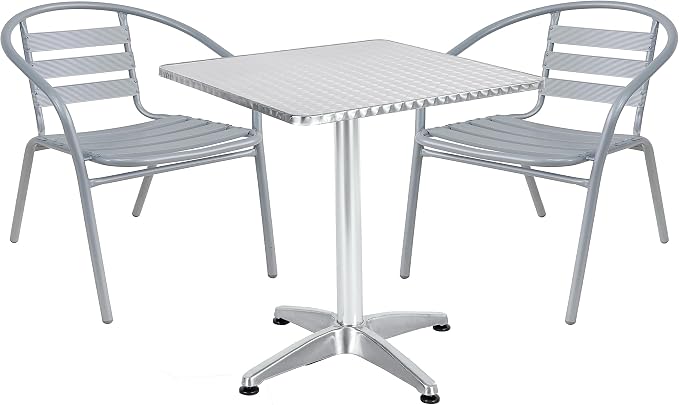 BTEXPERT Indoor Outdoor Restaurant Stainless Steel Aluminum + 2 Silver Gray Metal Slat Stack Commercial Lightweight, 2 Chairs with a 27.5" Square Table