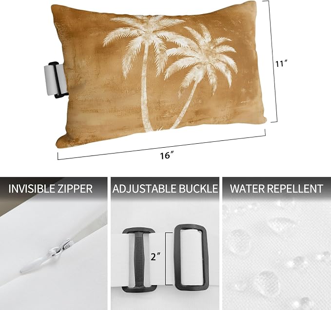 Palm Trees Tropical Outdoor Pillows for Chaise Lounge Chair Waterproof Lumbar Pillows with Insert&Adjustable Strap Beach Headrest Pillow Shabby Burnt Orange Summer Coastal Recliner Pool Pillow 11"x16"