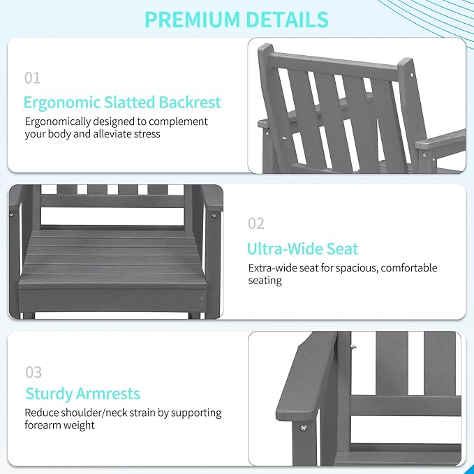 Outdoor Patio Dining Chair Set of 2, All-Weather HDPE Patio Chairs with Backrest and Armrest, 300 lbs Support Outdoor Furniture Chairs for Backyard, Garden, Deck, Grey