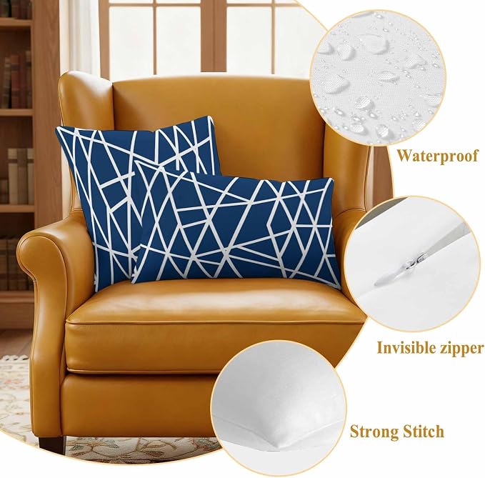 Outdoor Pillow Covers Waterproof, Nave Blue Geometric Decorative Square Throw Pillowcases Patio Cushion Covers for Tent/Garden, 16" x 16" 2 Pack, Abstract Stripes Modern Minimalist