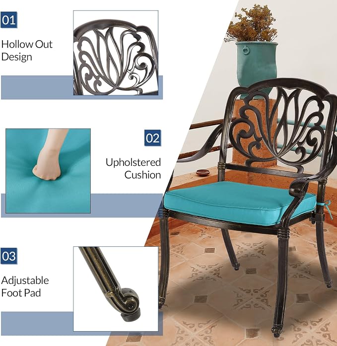 9-Piece Patio Cast Aluminum Dining Set, Outdoor Dining Furniture Set for 8 Person, Includes 64" Square Table and 8 Cushioned Chairs with Umbrella Hole for Patio Deck Garden, Ocean Blue