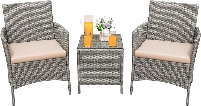 Greesum 3 Pieces Patio Furniture Sets Outdoor PE Rattan Wicker Chairs with Soft Cushion and Glass Coffee Table for Garden Backyard Porch Poolside, Gray and Beige