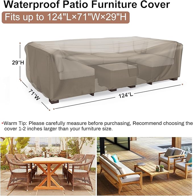Mrrihand Heavy Duty Patio Furniture Covers, Outdoor Furniture Covers Waterproof Sectional Sofa Set , Patio Table and Chair Set Cover 124"L×71"W×29"H,Brown