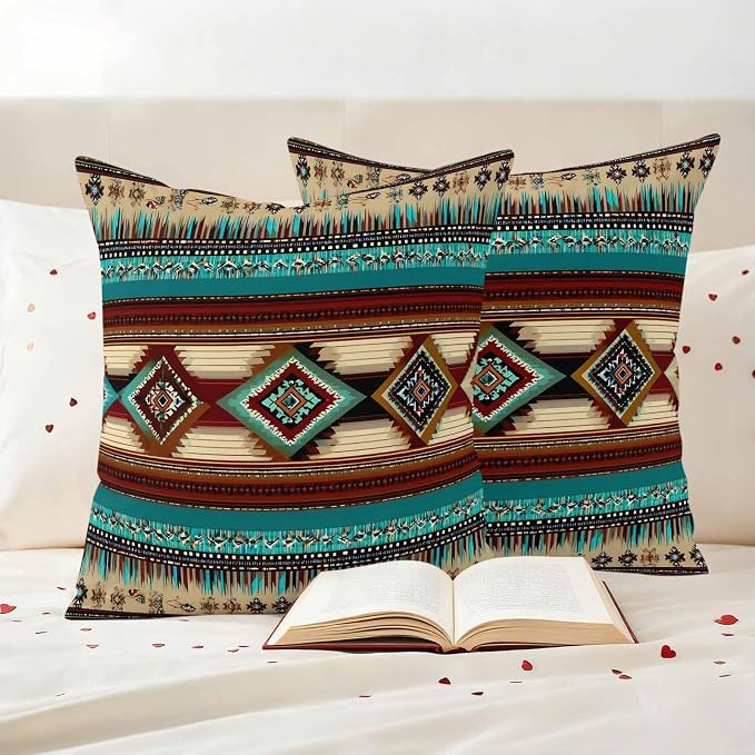 Boho Ethic Outdoor Pillow Covers 26"x26" Set of 2, Western Aztec Tribal Teal Brown Diamond Stripes Waterproof Throw Pillow Covers for Patio Furniture, Decorative Cushion Covers for Porch