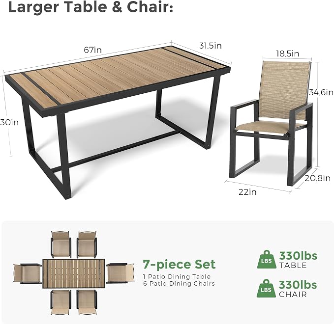 Jocoevol Outdoor Dining Set for 6 Patio Furniture Set 7 Piece Patio Table and Chairs Set Includes 67" Rectangle Table and 6 Textilene Dining Chairs, All Weather Patio Dining Sets for Backyard Garden