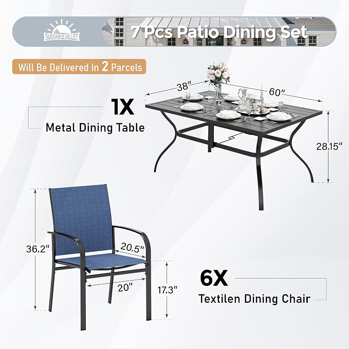 SUNSHINE VALLEY 7 Piece Patio Dining Set for 6, Rectangular Metal Dining Table with Umbrella Hole and 6 Chairs, Outdoor Table and Chairs Set for Lawn Backyard and Deck, Blue