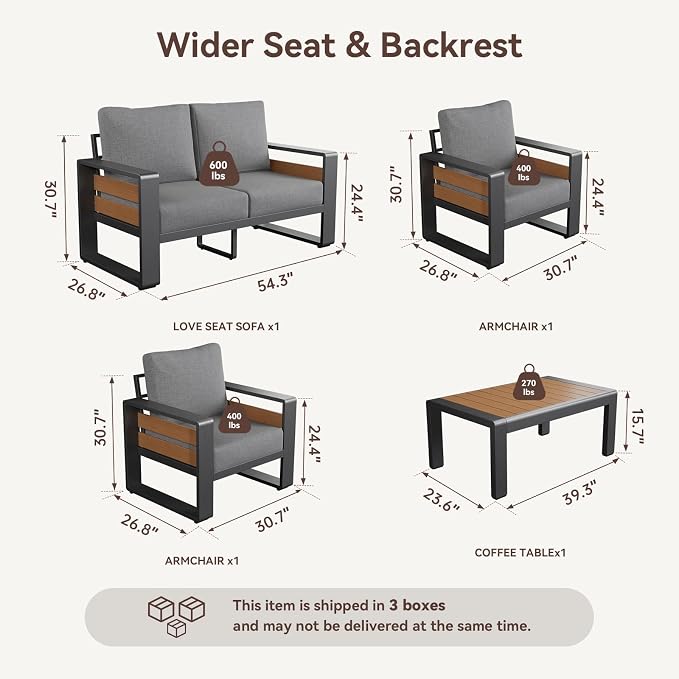 Aoxun Aluminum Outdoor Patio Furniture Set, Coffee Table ×1, Dark Grey & Dark Grey