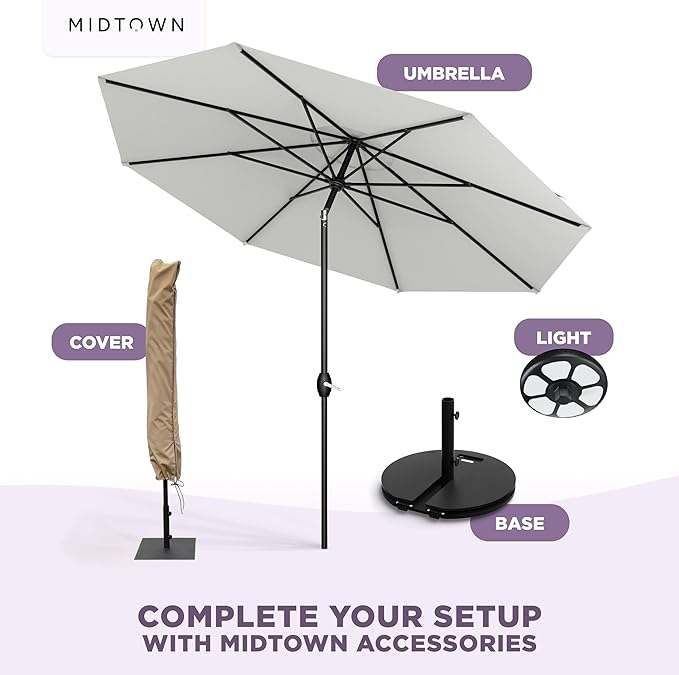 Midtown Umbrellas 10-Year-No-Fade - 8 Ft - UV Proof Off White Polyester Fabric - Umbrella Outdoor Patio, Auto-Tilt Aluminum Frame Patio Umbrella for Garden, Pool & Deck - Black Pole