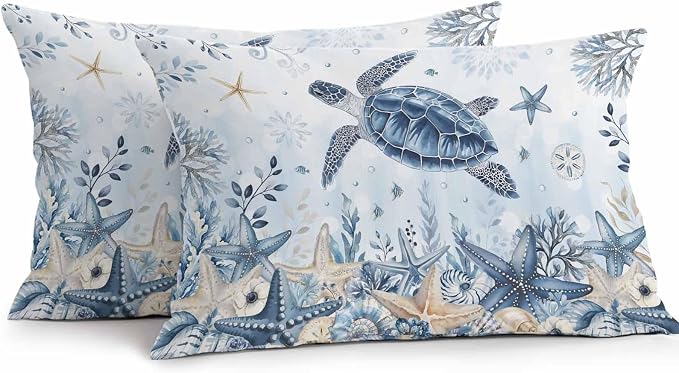 Pack of 2 Blue Turtle Coastal Outdoor Pillow Covers Decorative, Beach Starfish Waterproof Pillow Protector, Nautical Coral Botanical Lumbar Throw Pillowcases for Patio Couch Sofa Home Decor 20"x12"