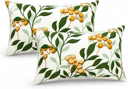 Outdoor Lumbar Pillows 12x20, 2 Pack with Inserts, Botanical | 2-Pack 12x20 Outdoor Lumbar Pillows with Inserts, Water-Repellent Covers, Hidden Zippers, Plump Comfort for Patio & Sofa